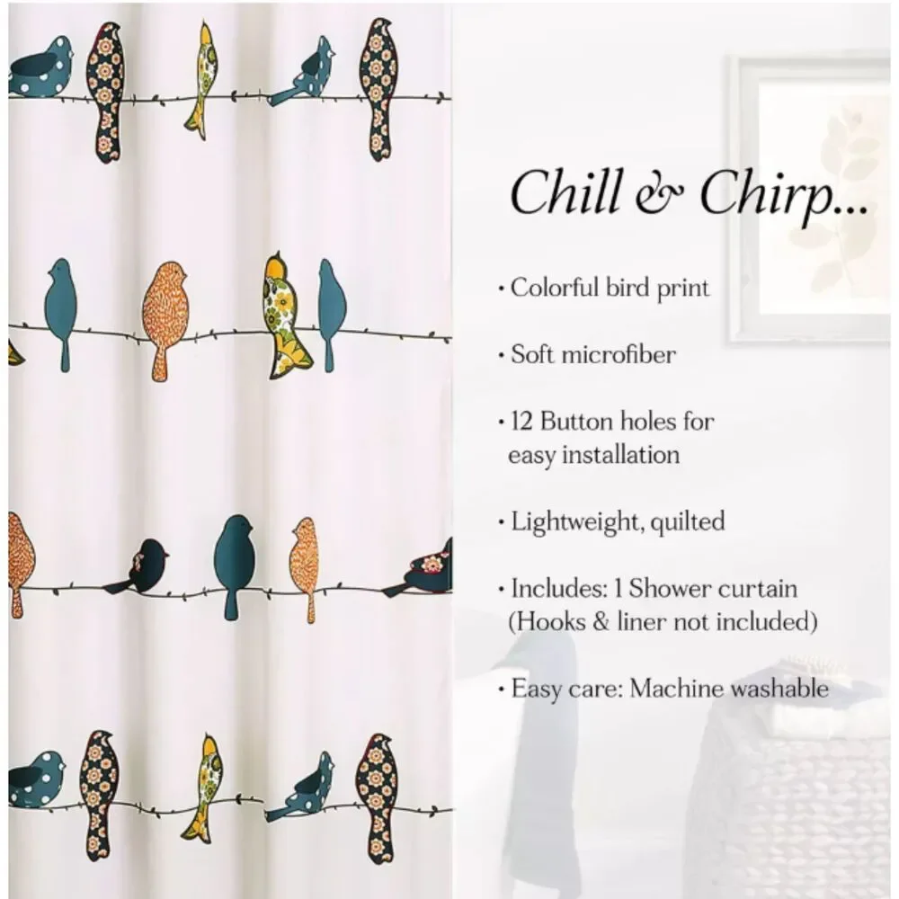 Lush Decor—Birds on a Wire Shower Curtain Whimsical Floral White Blue Orange